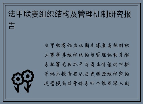 法甲联赛组织结构及管理机制研究报告